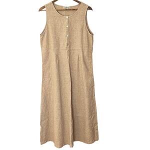 Vintage 90s Linen Gingham Check Sleeveless Maxi Dress Button Front Brown Size 10